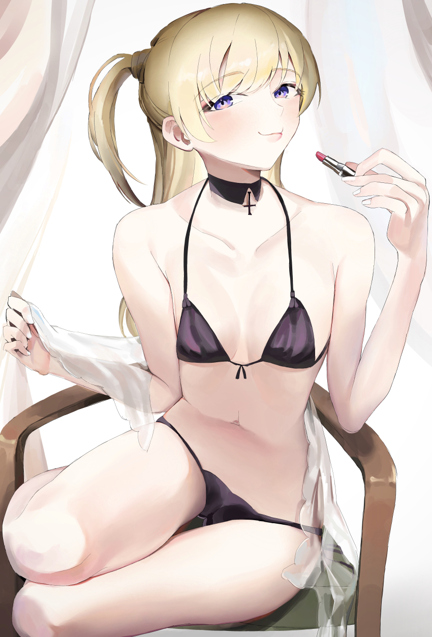 1girl absurdres akebi-chan_no_serafuku bikini blonde_hair blush breasts choker highres holding kizaki_erika long_hair looking_at_viewer navel penora_gei purple_eyes sitting small_breasts smile solo swimsuit