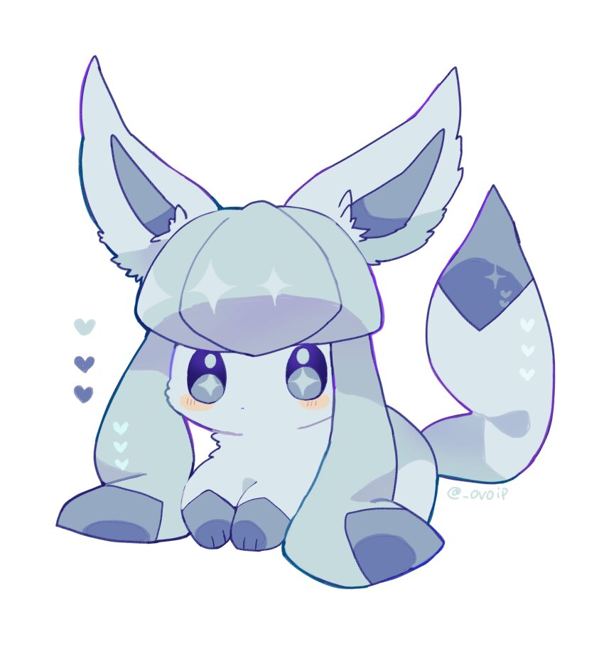 absurdres blue_eyes blush closed_mouth full_body gen_4_pokemon glaceon heart highres lying nintendo no_humans ovoip pokemon pokemon_(creature) simple_background solo twitter_username white_background