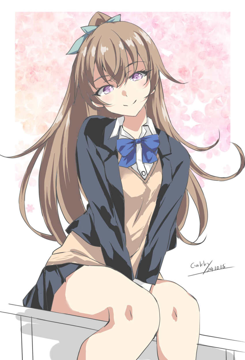 alternate_costume artist_name black_jacket black_skirt blazer blue_bow blue_bowtie bow bowtie brown_hair cardigan dated gakky gradient_background highres jacket kantai_collection kumano_(kancolle) kumano_(school_girl)_(kancolle) kumano_kai_ni_(kancolle) long_hair looking_at_viewer pink_background ponytail purple_eyes school_uniform sitting skirt smile white_background