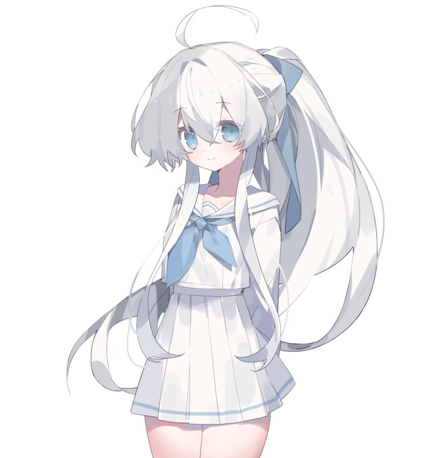 1girl arms_behind_back asphyxia17 blue_bow blue_eyes blue_neckerchief bow closed_mouth hair_between_eyes highres long_hair long_sleeves miniskirt neckerchief original pleated_skirt ponytail sailor_collar school_uniform serafuku shirt simple_background skirt solo white_background white_shirt