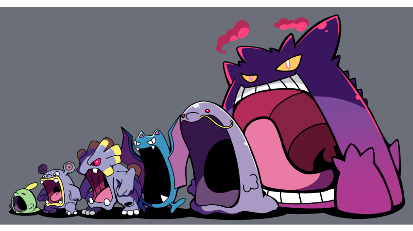 creatures_(company) exploud fangs fukidashi_cotton game_freak gen_1_pokemon gen_3_pokemon gengar gigantamax gigantamax_gengar golbat gulpin highres letterboxed loudred nintendo no_humans open_mouth pokemon pokemon_(creature) red_eyes size_difference swalot tongue trait_connection uvula