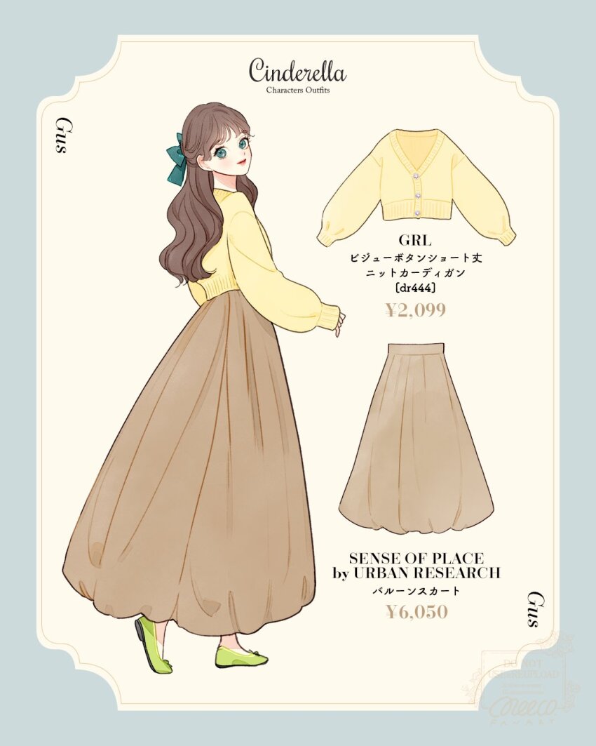 1girl animification bow brown_hair cinderella_(disney_movie) genderswap gus_(cinderella) hair_ornament highres humanization lips long_hair long_sleeves looking_at_viewer meecosme ribbon shirt shoes simple_background smile solo solo_focus white_background