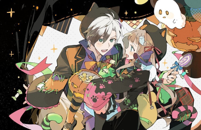 1boy 1girl alternate_costume animal_hood black_hoodie blonde_hair candy curtains elle_mel_martha food ghost ghost_hair_ornament green_eyes grey_hair halloween highres holding holding_candy holding_food hood hoodie jack-o&#039;-lantern lollipop long_hair looking_at_viewer ludger_will_kresnik open_mouth short_hair simple_background sleeves_past_fingers sleeves_past_wrists smile sparkle tales_of_(series) tales_of_xillia tales_of_xillia_2 white_background wrapped_candy xing_20