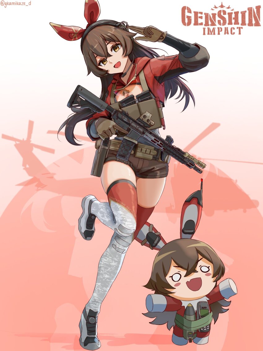 1girl aircraft amber_(genshin_impact) ar-15 assault_rifle baron_bunny_(genshin_impact) blush brown_hair dgkamikaze genshin_impact gloves gun hair_between_eyes hair_ribbon hairband headset helicopter highres load_bearing_vest long_hair long_sleeves military_operator nokia_3310 open_mouth red_ribbon ribbon rifle shorts thighhighs trigger_discipline weapon