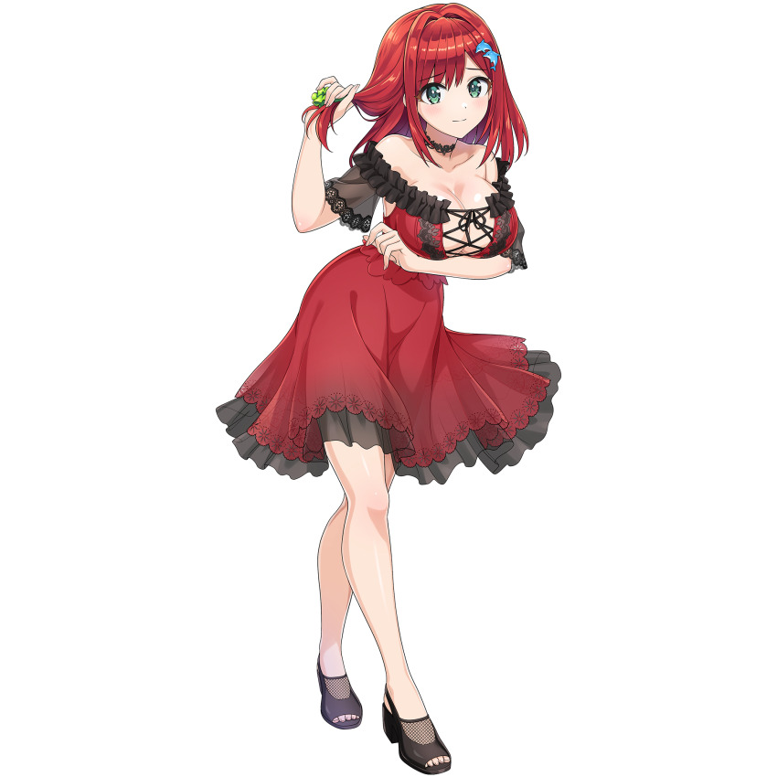 1girl adjusting_hair arm_under_breasts bare_shoulders blush breasts choker cleavage collarbone dolphin_hair_ornament dolphin_wave don_quijote_(store) dress frilled_choker frills game_cg green_eyes green_scrunchie hair_intakes hair_ornament hair_scrunchie highres lace large_breasts light_smile looking_at_viewer nightgown non-web_source off-shoulder_dress off_shoulder official_art ootomo_takuji red_dress sakimiya_iruka sandals scrunchie sleepwear solo transparent_background