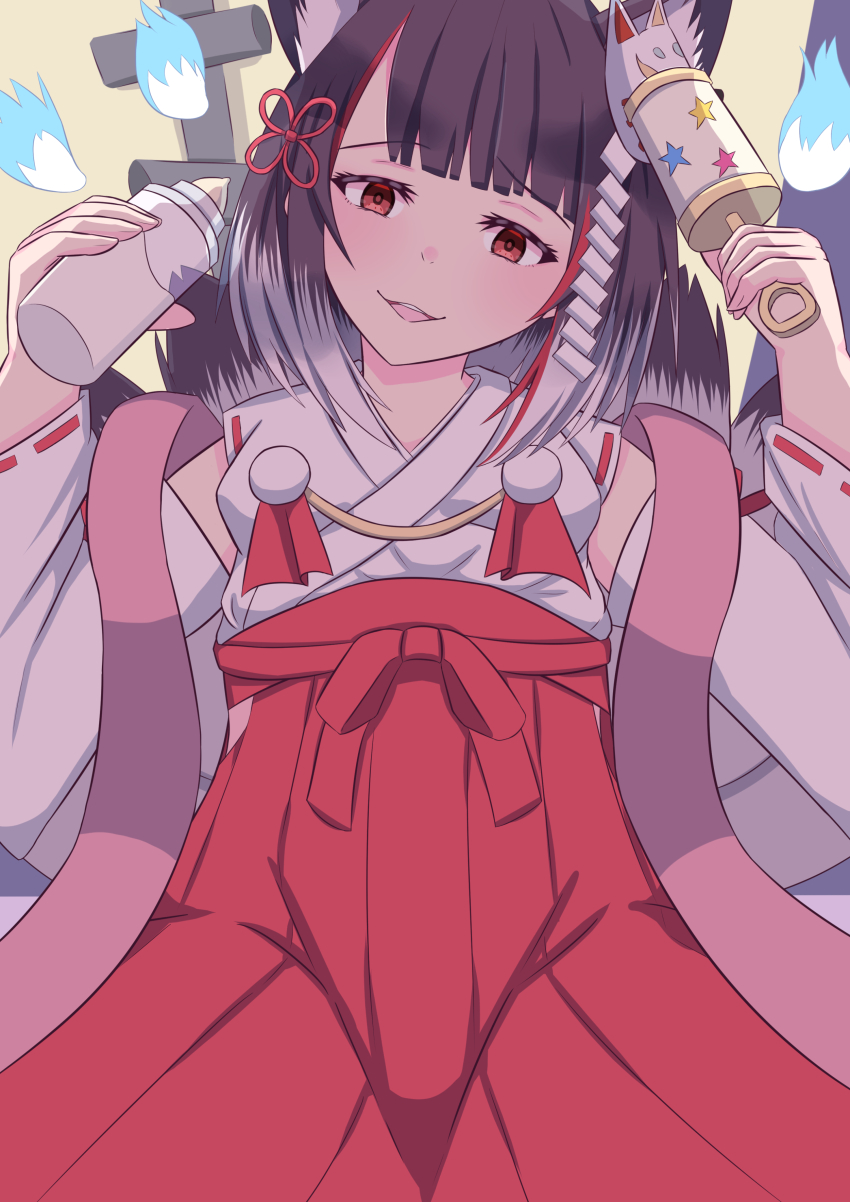 1girl absurdres bare_shoulders bib brown_hair detached_sleeves fox_girl fox_tail highres holding holding_rattle japanese_clothes kaminari_shion kimono kishiroki kitsune mask miko multiple_tails nontraditional_miko rattle red_eyes short_hair smile solo tail vtuber_nandaga_haishin_kiriwasuretara_densetsu_ni_natteta white_sleeves