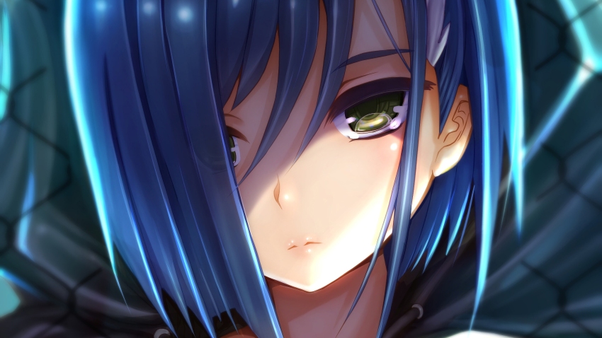 1girl absurdres asymmetrical_hair black_hood blue_hair bob_cut chain-link_fence close-up closed_mouth commentary darling_in_the_franxx english_commentary expressionless fence green_eyes hair_ornament hair_over_one_eye hairclip head_tilt highres hood hood_down ichigo_(darling_in_the_franxx) looking_at_viewer night outdoors portrait prozz38 shaded_face short_hair solo swept_bangs