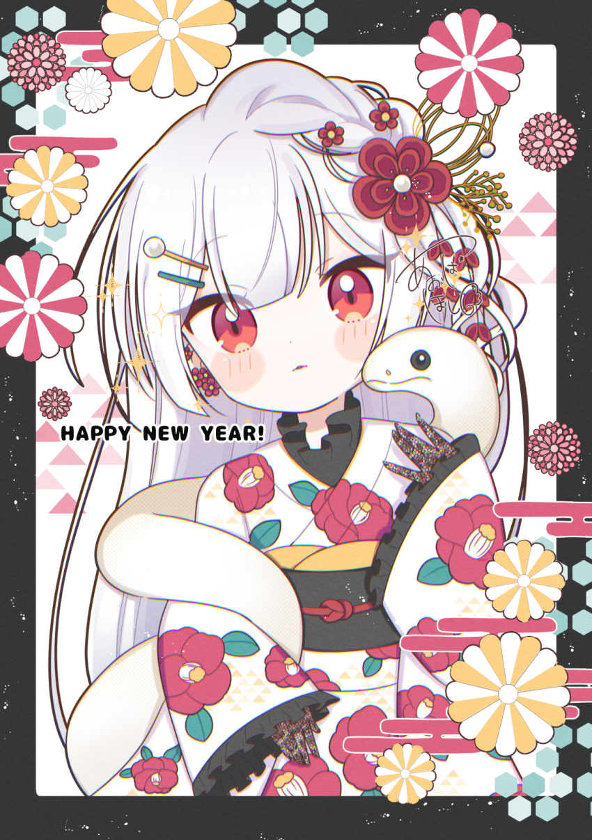 1girl aobahosino blush_stickers collar english_text floral_print flower frilled_collar frills hair_flower hair_ornament happy_new_year highres japanese_clothes kimono looking_at_viewer new_year original parted_lips red_eyes snake solo upper_body white_hair white_kimono white_snake