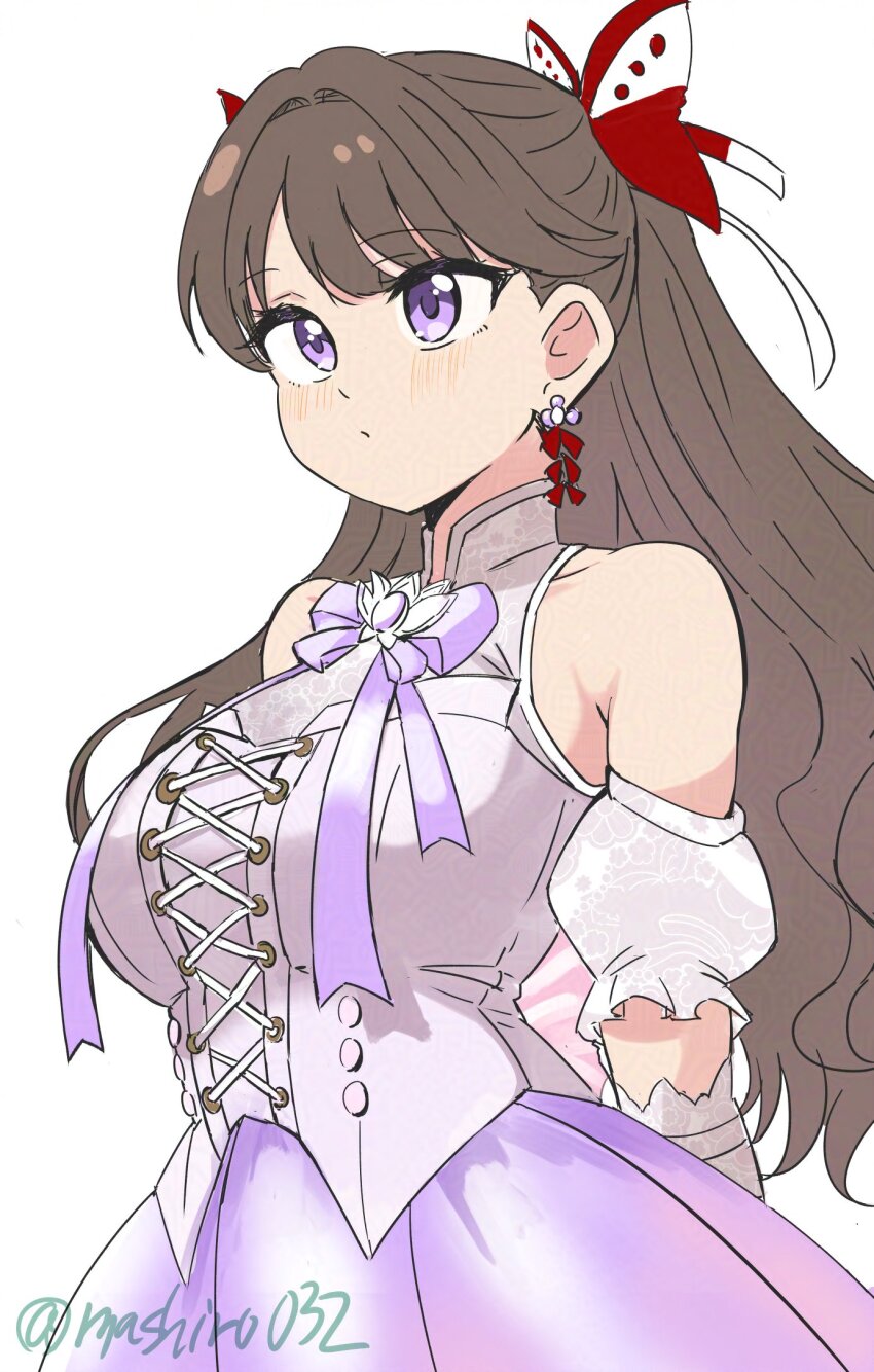 1girl armpit_crease aurora_flower_(love_live!) bare_shoulders blush breasts brown_hair butterfly_hair_ornament closed_mouth commentary cowboy_shot cross-laced_clothes cross-laced_top detached_sleeves earrings elbow_gloves ereka fujishima_megumi gloves grey_gloves hair_ornament highres jewelry large_breasts link!_like!_love_live! long_hair looking_ahead love_live! neck_ribbon official_alternate_costume pleated_skirt puffy_short_sleeves puffy_sleeves purple_eyes purple_ribbon purple_skirt ribbon shirt short_sleeves simple_background skirt sleeveless sleeveless_shirt solo two_side_up virtual_youtuber white_background white_shirt