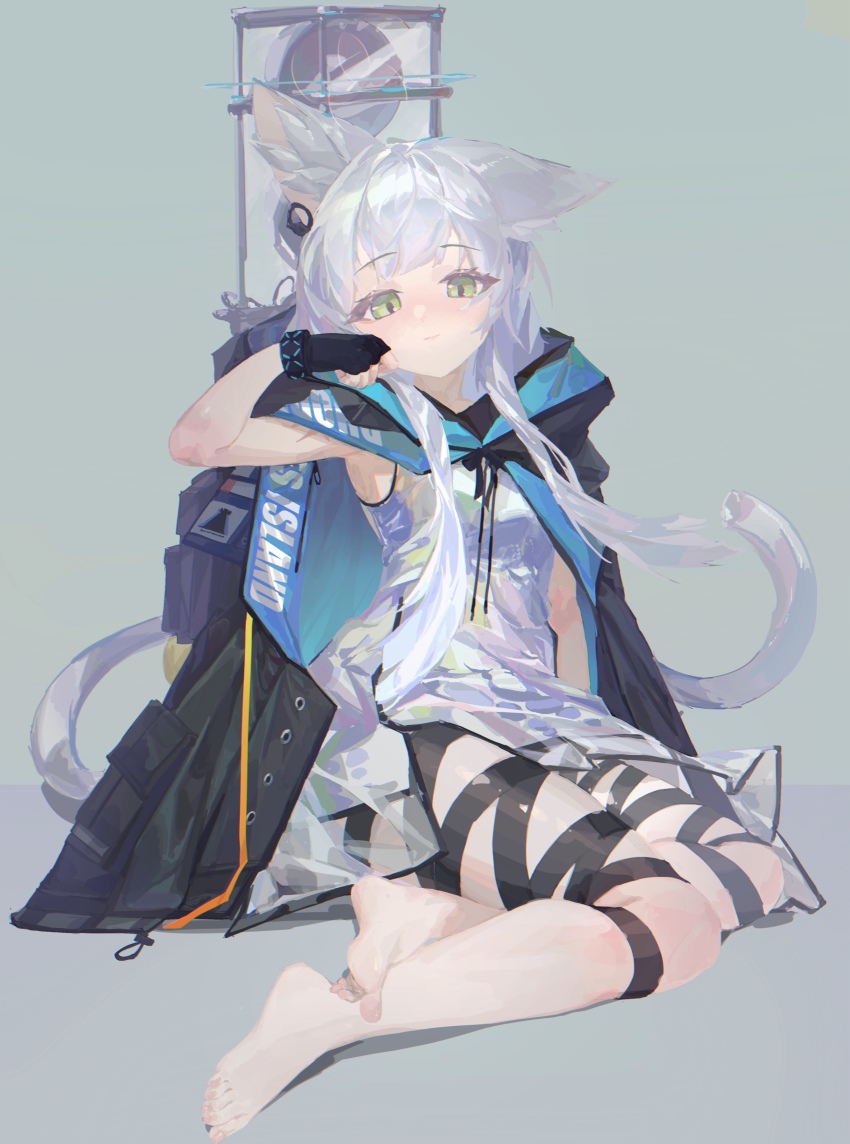 1girl absurdres animal_ears arknights arm_up barefoot black_coat black_gloves chinese_commentary closed_mouth clothes_writing coat coat_on_shoulders commentary_request eyes_visible_through_hair feet fingerless_gloves full_body gloves green_eyes grey_hair grey_tail highres infection_monitor_(arknights) jian_jia light_blush light_smile long_hair looking_at_viewer making-of_available procreate_(medium) rosmontis_(arknights) single_ear_down sitting solo tail thigh_strap toenails toes