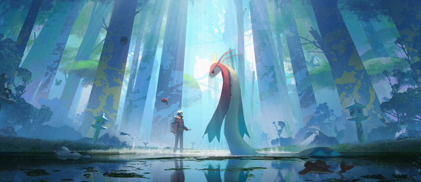 1boy absurdres asteroid_ill backpack bag beautifly black_pants blue_theme brown_hair coat eevee facing_another forest gen_1_pokemon gen_2_pokemon gen_3_pokemon gen_8_pokemon grass highres latias latios legendary_pokemon light_particles looking_at_another milotic nature nintendo orbeetle pants partially_submerged pinsir pokemon quagsire reflection scenery short_hair silhouette standing tatsugiri tatsugiri_(curly) tree water