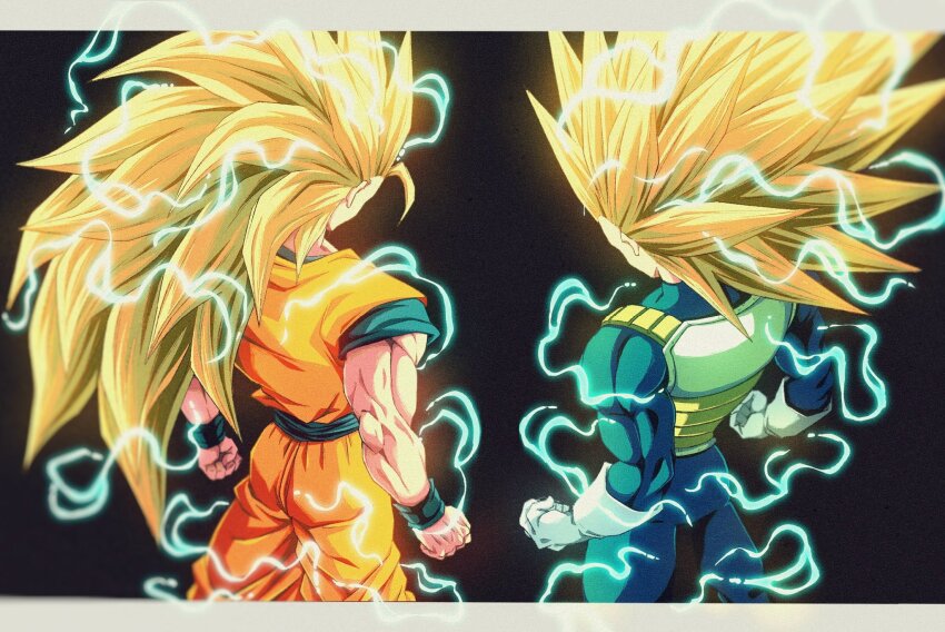 2boys blonde_hair bure_(fantasticyouth7) dragon_ball dragon_ball_daima electricity highres long_hair male_focus multiple_boys muscular muscular_male orange_dougi orange_overalls orange_pants orange_tunic overalls pants saiyan saiyan_armor son_goku super_saiyan super_saiyan_3 tunic vegeta