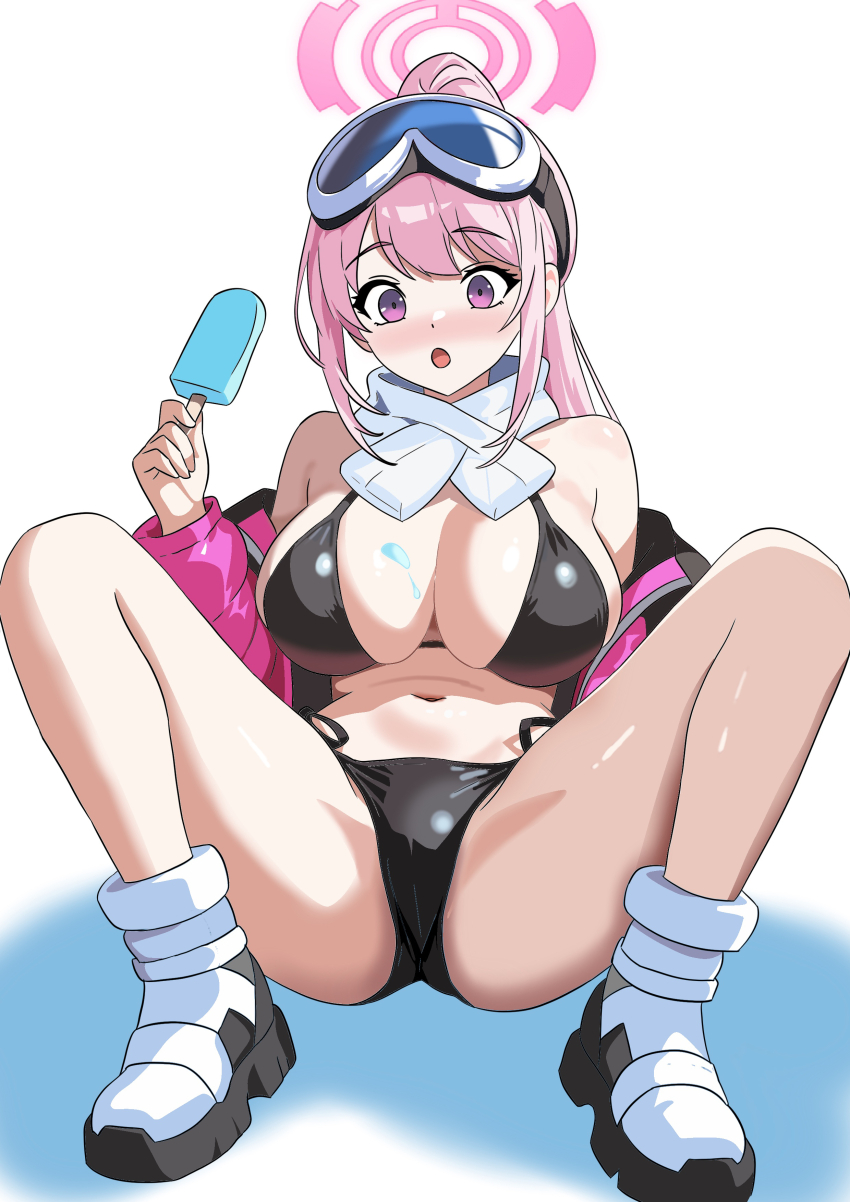 1girl :o absurdres bare_shoulders bikini black_bikini blue_archive blush boots breasts commentary eimi_(blue_archive) eimi_(swimsuit)_(blue_archive) food goggles goggles_on_head gubee halo highres holding holding_food holding_popsicle jacket large_breasts m_legs navel off_shoulder pink_eyes pink_hair pink_halo pink_jacket popsicle scarf solo spread_legs swimsuit white_background white_boots white_scarf