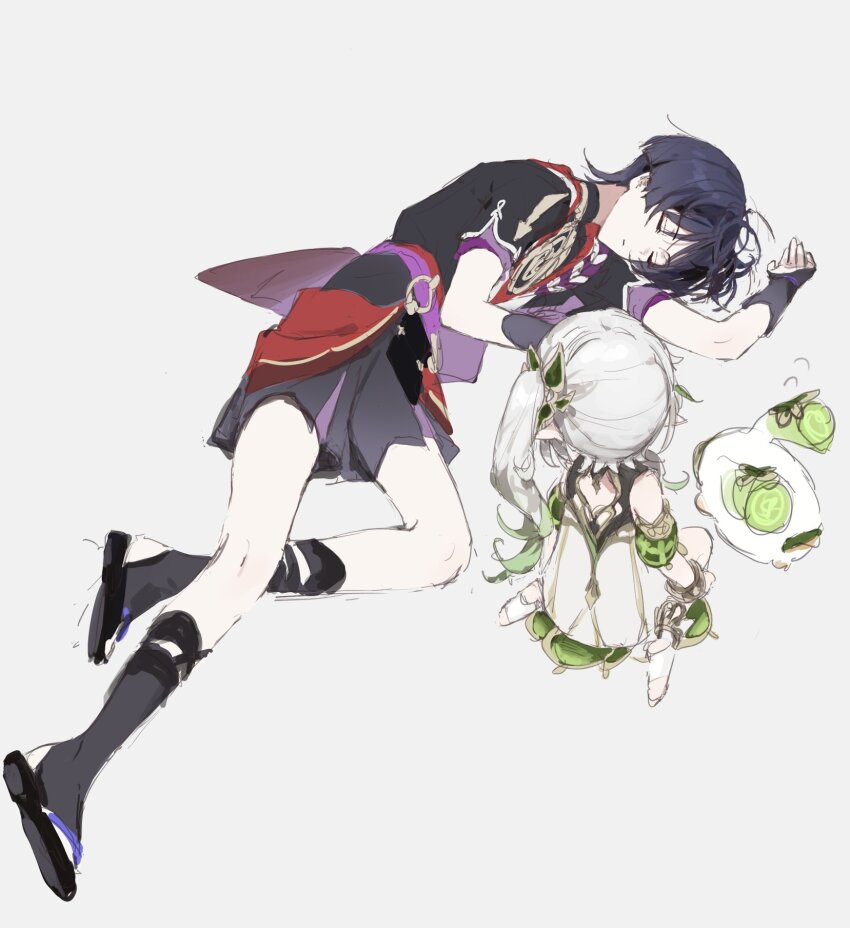 1boy 1girl anklet arm_at_side arm_up armlet armor black_footwear black_kimono black_leggings black_shorts black_sleeves blunt_ends bracelet closed_eyes closed_mouth creature detached_sleeves dress facing_another full_body genshin_impact gold green_hair green_sleeves han&#039;eri highres japanese_armor japanese_clothes jewelry kimono kote kurokote layered_kimono layered_shorts layered_sleeves leggings long_hair looking_at_another lying multicolored_hair nahida_(genshin_impact) neo_akasha_terminal o-ring on_side open_hand pointy_ears purple_hair purple_rope purple_sash purple_shorts purple_sleeves red_kimono red_sash rope sandals sash scaramouche_(genshin_impact) shimenawa short_sleeves shorts side_ponytail sidelocks sitting stirrup_footwear stirrup_legwear streaked_hair toeless_footwear toeless_legwear unconscious wariza white_background white_dress white_footwear white_hair white_kimono white_rope white_trim yuuli_(tuna221022) zouri