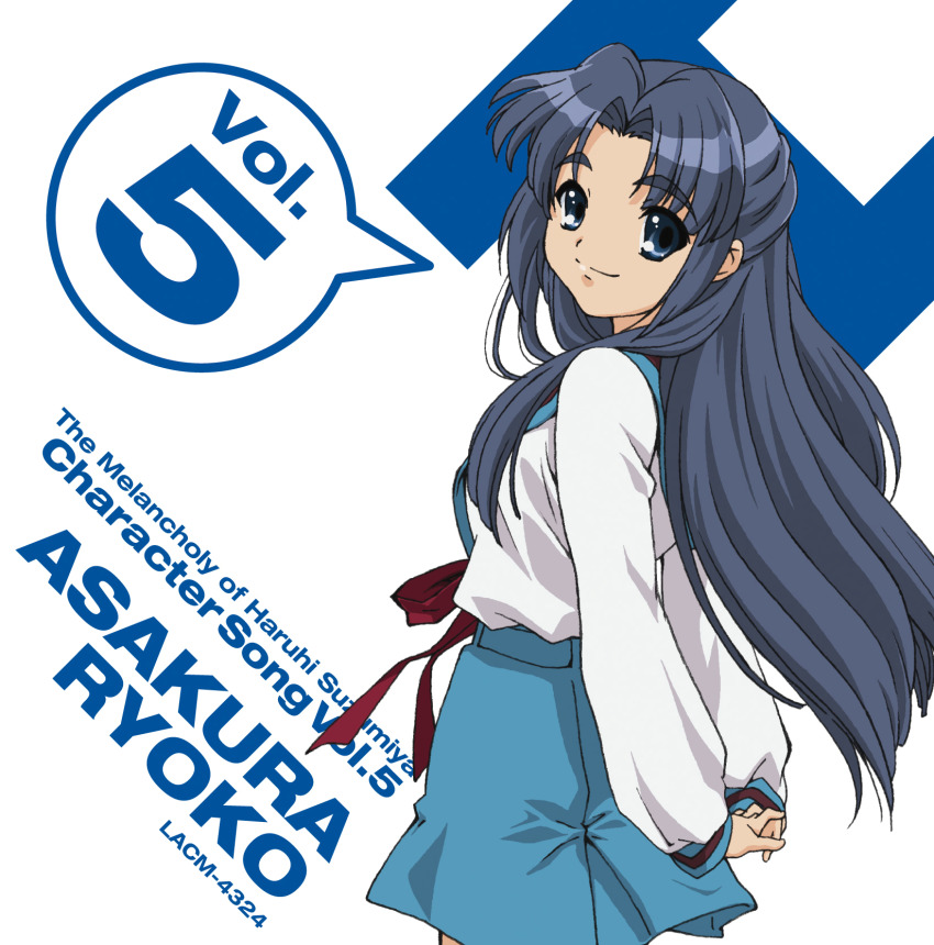 1girl album_cover asakura_ryoko blue_eyes blue_hair blue_sailor_collar blue_skirt character_single cover h_(letter) highres ikeda_shouko kita_high_school_uniform long_hair long_sleeves official_art sailor_collar school_uniform serafuku skirt solo suzumiya_haruhi_no_yuuutsu white_background winter_uniform