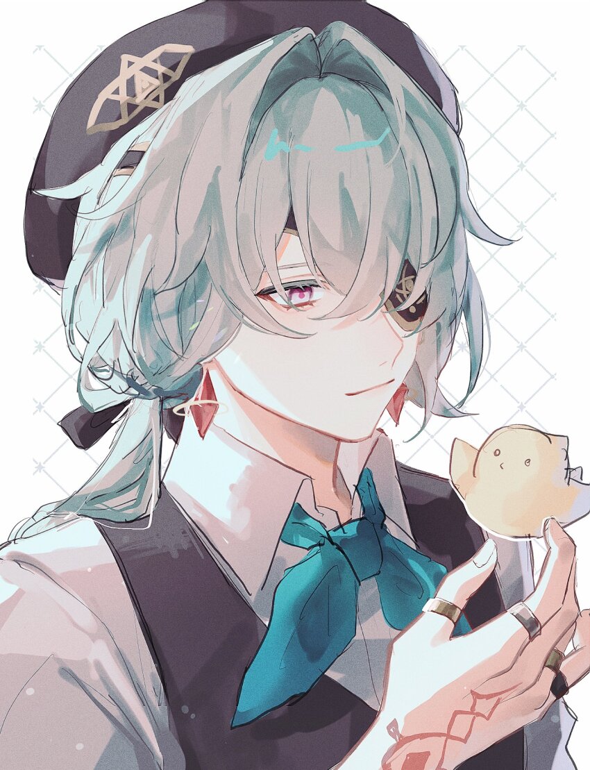 1boy anaxa_(honkai:_star_rail) aqua_hair bird black_hair black_vest closed_mouth eyepatch fz7047 hair_between_eyes highres honkai:_star_rail honkai_(series) male_focus one_eye_covered pink_pupils shirt side_ponytail smile solo upper_body vest white_shirt