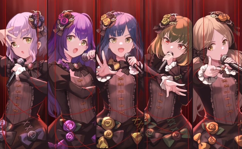 5girls :o blue_hair bow braid brown_hair commentary_request crown_braid dress flower green_eyes green_hair hair_bow hair_flower hair_ornament handa_roco highres holding holding_microphone idol idolmaster idolmaster_million_live! idolmaster_million_live!_theater_days long_hair long_sleeves looking_at_viewer makabe_mizuki microphone mochizuki_anna multiple_girls nagayoshi_subaru nanao_yuriko open_mouth outstretched_arm parted_bangs purple_hair red_eyes short_hair sidelocks string string_of_fate tuna_picture twintails yellow_eyes