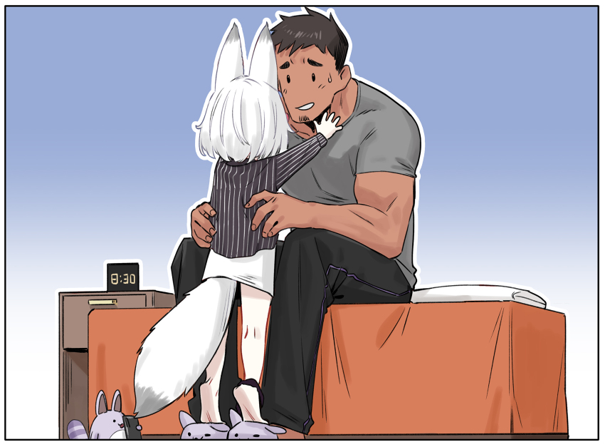 1boy 1girl agemmata animal_ears animal_slippers bed brown_hair cellphone fox_ears fox_girl fox_tail grey_fur highres holding holding_phone long_sleeves multicolored_tail panties panties_around_leg panties_around_one_ankle phase_connect phone purple_panties slippers smartphone tail tenma_maemi tiptoes two-tone_tail underwear virtual_youtuber white_fur white_hair white_tail