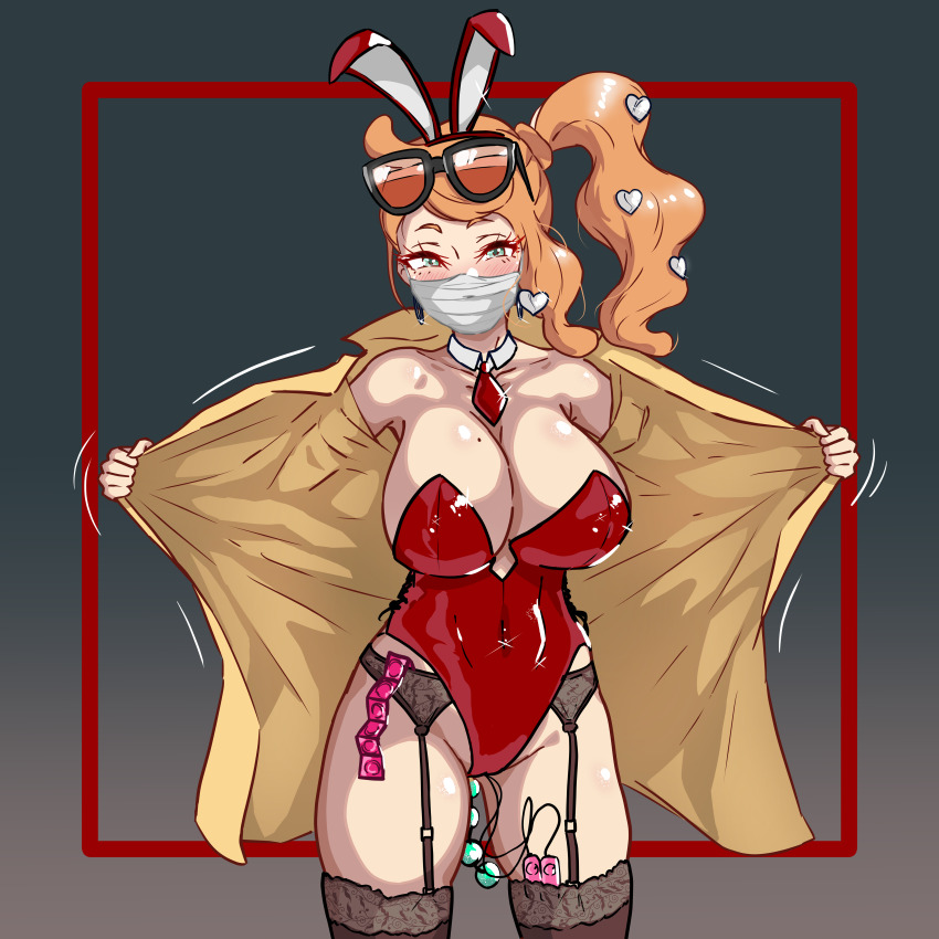 1girl anal_beads blue_eyes blush breasts cleavage coat collar condom creatures_(company) detached_collar exhibitionism flashing game_freak garter_straps hair_ornament hal_san heart highres leotard mask navel necktie nintendo pokemon pokemon_swsh ponytail public_indecency rabbit_ears red_hair sex_toy side_ponytail sonia_(pokemon) sunglasses sunglasses_on_head thighhighs vibrator vibrator_in_thighhighs
