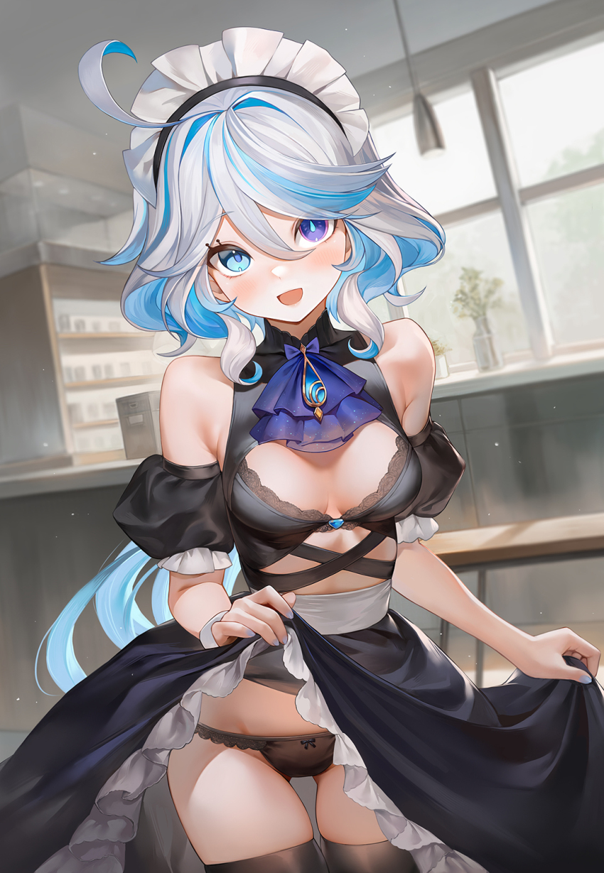 1girl alternate_costume black_panties blue_eyes blue_hair breasts bright_pupils cleavage furina_(genshin_impact) genshin_impact heterochromia highres indoors looking_at_viewer maid maid_headdress medium_breasts multicolored_hair open_mouth panties revision smile solo two-tone_hair underwear white_hair white_pupils window ziko