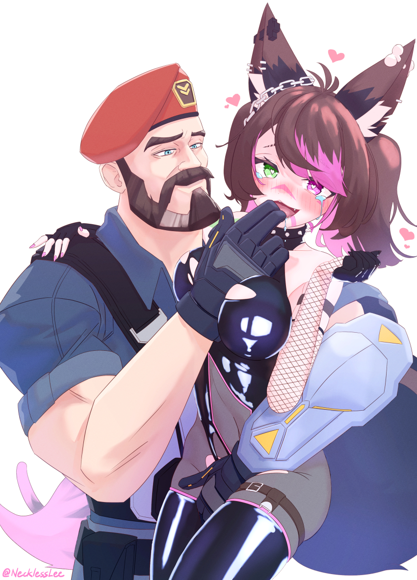 1boy absurdres animal_ears between_breasts between_legs breasts brimstone_(valorant) cat_tail clothed_sex drooling finger_to_mouth fingering grabbing_from_behind heart held_up heterochromia highres navel necklesslee nyudachi panties panty_pull tail tears underwear wolf_ears wolf_tail