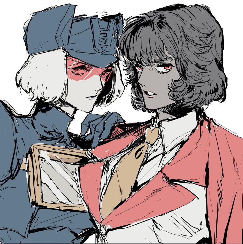 2girls absurdres black_hair blue_gloves blue_hat collared_shirt expressionless formal_clothes genderswap genderswap_(mtf) gloves hat highres humanization jacket lips lipstick looking_at_viewer makeup multiple_girls necktie parted_lips pink_lips red-tinted_eyewear red_eyes red_lapels shirt short_hair soundwave_(transformers) starscream suit sunglasses tatamintatamin tinted_eyewear transformers white_hair white_jacket yellow_necktie