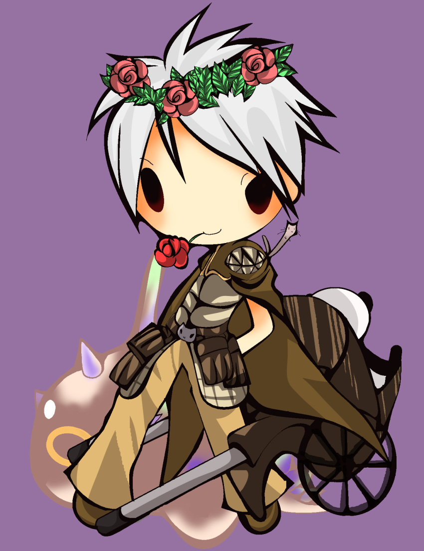 1boy 2000s_(style) belt brown_belt brown_cape brown_pants brown_shoes cape chibi chibi_only closed_mouth commentary_request creator_(ragnarok_online) flower flower_in_mouth full_body grey_hair grey_shirt head_wreath highres looking_at_viewer male_focus pants pink_flower pink_rose pullcart purple_background ragnarok_online red_flower rose shirt shoes short_hair simple_background smile solid_oval_eyes solo vanilmirth_(ragnarok_online) yu_(lilacxx)