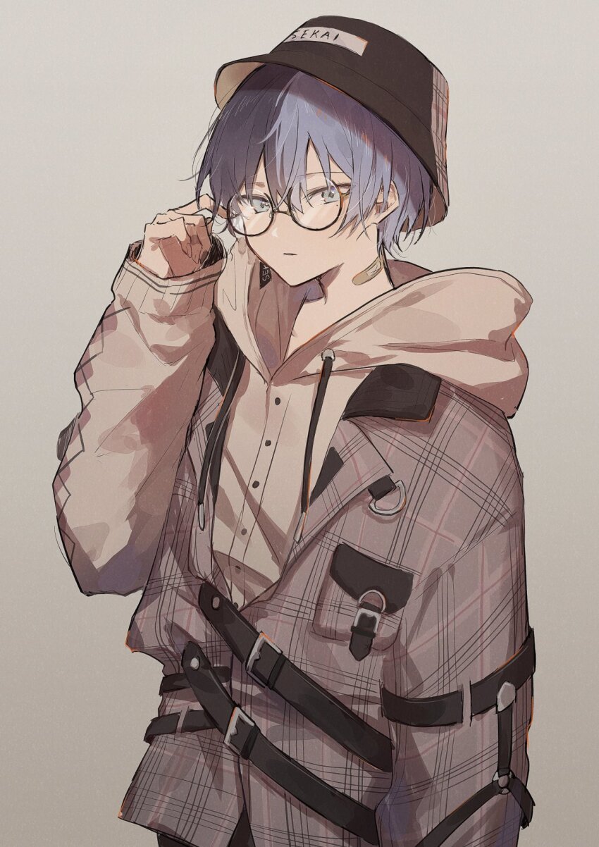 1boy aoyagi_touya arm_at_side bandaid bandaid_on_neck belt_buckle bespectacled blue_eyes blue_hair buckle buttons closed_eyes coat commentary_request cowboy_shot dark_blue_hair dizzy_trap_(project_sekai) drawstring glasses hat highres hood hood_down hooded_jacket jacket jishio long_sleeves looking_at_viewer male_focus mole mole_under_eye multicolored_hair plaid_clothes plaid_coat project_sekai round_eyewear simple_background solo split-color_hair two-tone_hair