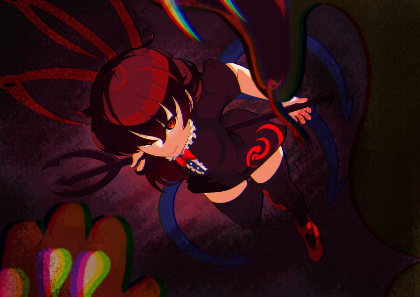 1girl absurdres asymmetrical_wings black_dress black_hair black_thighhighs blue_wings bow bowtie buttons center_frills chromatic_aberration closed_mouth commentary dress footwear_bow frills fub_(fubimanji) full_body hair_between_eyes highres holding holding_polearm holding_weapon houjuu_nue long_hair looking_at_viewer mary_janes nue_day pointy_ears polearm purple_background red_bow red_bowtie red_eyes red_shoes red_wings shoes short_dress short_sleeves smile solo thighhighs tomoe_(symbol) touhou trident weapon wings