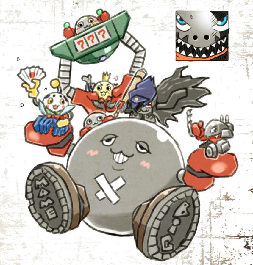 banchomamemon bigmamemon blue_eyes boots catchmamemon digimon digimon_(creature) highres mamemon metalmamemon orb princemamemon sharp_teeth smile teeth tonosamamamemon