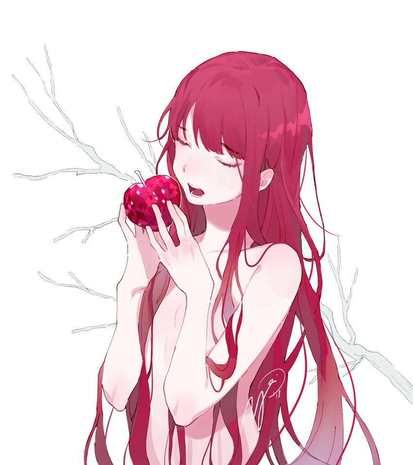1girl absurdres apple branch closed_eyes collarbone completely_nude convenient_censoring crystal crystal_apple food fruit highres holding holding_food holding_fruit long_hair nude open_mouth original pink_theme red_hair signature solo teeth tongue very_long_hair white_background yoimon