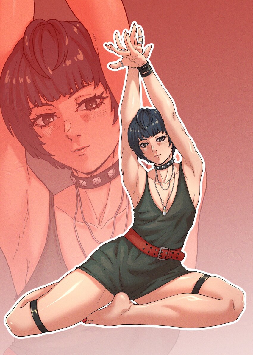 1girl absurdres armpits arms_up barefoot blue_hair breasts choker chuckuddin female_focus full_body highres jewelry looking_at_viewer nail_polish pendant persona persona_5 ring short_hair skindentation small_breasts solo takemi_tae thigh_strap toenail_polish toenails