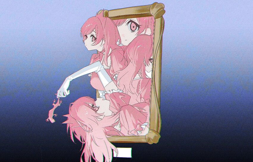 1000-nen_ikiteru_(vocaloid) 4girls a4f9gybaah5219 animal arm_up blue_background choker chromatic_aberration clone closed_mouth dress elbow_gloves film_grain gloves gradient_background heavy_film_grain highres holding holding_animal iki_(iyowa) iyowa_girls lizard long_hair looking_at_viewer looking_back looking_to_the_side multiple_girls pink_choker pink_dress pink_eyes pink_hair puffy_short_sleeves puffy_sleeves short_sleeves through_medium through_painting white_gloves