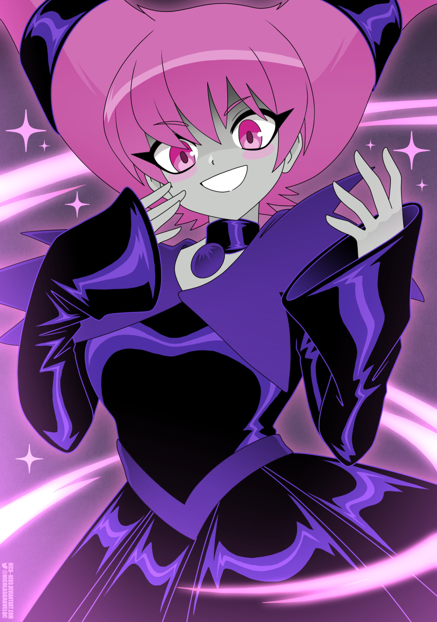 1girl absurdres blush colored_skin commentary cowboy_shot dc_comics dress english_commentary grey_skin hair_horns highres jinx_(dc) long_sleeves magic nico-neko pink_eyes pink_hair solo teen_titans teen_titans_(tv_series)