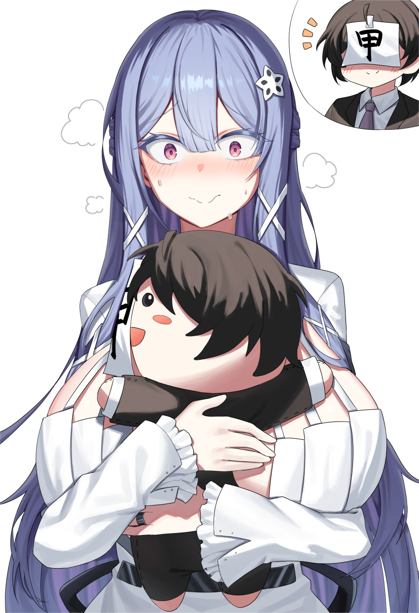 1boy 1girl absurdres administrator_(counter:side) between_breasts blush blush_stickers breasts center-flap_bangs character_doll colored_eyelashes commentary counter:side dress embarrassed flower frilled_sleeves frills furrowed_brow hair_between_eyes hair_flower hair_ornament half_updo highres huge_breasts hugging_doll hugging_object inset jewelry jinggun long_hair long_sleeves looking_at_viewer nose_blush notice_lines paper_on_head pink_eyes purple_hair ring single_blush_sticker straight-on swan_claire sweat very_long_hair wavy_mouth white_dress wide-eyed