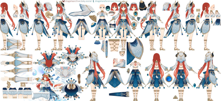 blue_eyes circlet fake_horns genshin_impact gladiator_sandals gold_sandals harem_outfit horns jewelry nilou_(genshin_impact) red_hair reference_sheet sandals two-sided_veil