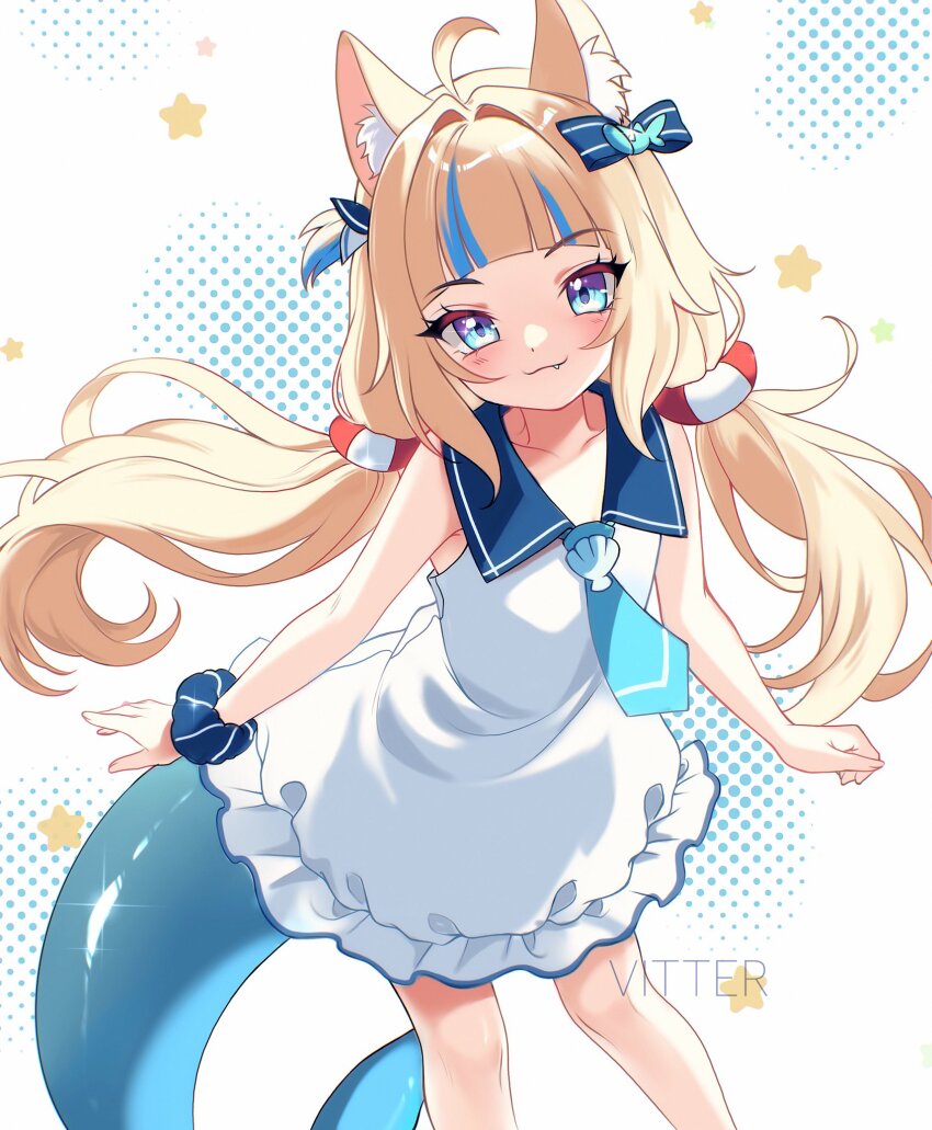 1girl :3 ahoge animal_ear_fluff animal_ears artist_name blonde_hair blue_eyes blue_hair blue_necktie blue_sailor_collar blunt_bangs bracelet cat_ears closed_eyes dress fang fins fish_tail frilled_dress frills hair_intakes hair_ribbon halftone highres indie_virtual_youtuber jewelry long_hair low_twintails multicolored_hair necktie one_side_up ribbon sailor_collar sameko_saba shark_tail simple_background sleeveless sleeveless_dress smile solo star_(symbol) streaked_hair tail twintails two-tone_hair very_long_hair virtual_youtuber vitter white_background white_dress