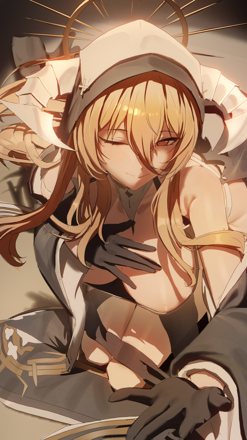 1girl absurdres azur_lane black_veil blonde_hair breasts brown_eyes cleavage commentary_request dress highres horns implacable_(azur_lane) large_breasts long_hair looking_at_viewer one_eye_closed smile solo veil yuyiosang