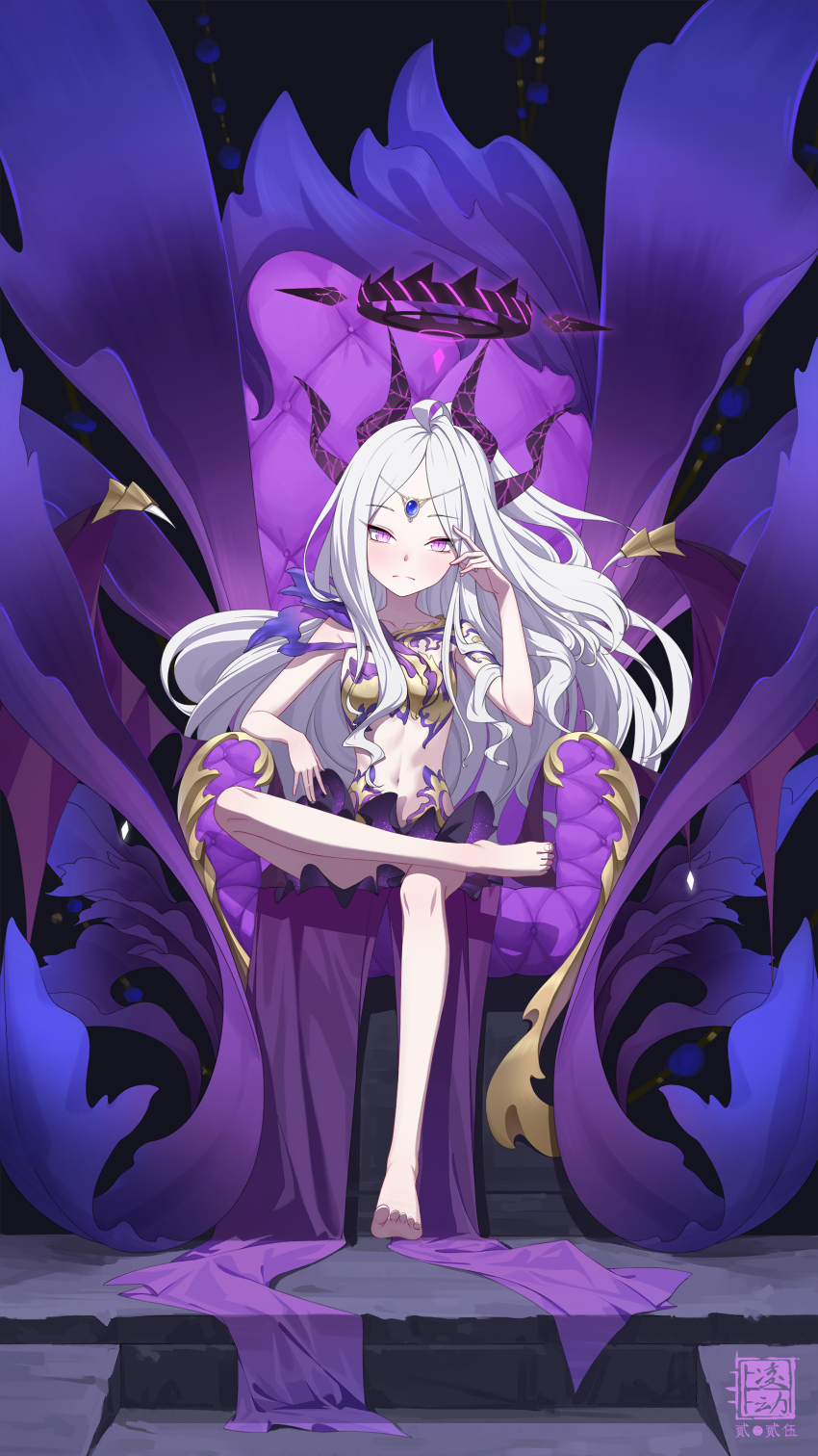 1girl absurdres ahoge alternate_costume bare_legs bare_shoulders barefoot black_halo black_wings blue_archive blush breasts closed_mouth collarbone crossed_legs demon_girl demon_horns demon_wings feet feilingdong forehead_jewel halo hand_up head_on_hand highres hina_(blue_archive) horns loli long_hair looking_at_viewer low_wings multiple_horns navel parted_bangs purple_eyes sitting slit_pupils small_breasts solo split_mouth toenails toes very_long_hair white_hair wings