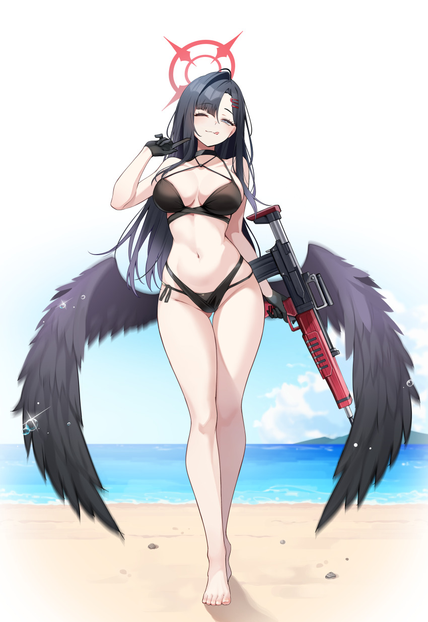 1girl ;) ;q absurdres assault_rifle bare_legs barefoot beach bikini black_bikini black_choker black_gloves black_hair black_wings blue_archive breasts bullpup choker commentary_request em-2 feathered_wings full_body gloves gluteal_fold groin gun halo highres holding holding_gun holding_weapon ichika_(blue_archive) long_hair looking_at_viewer mayoichi medium_breasts navel one_eye_closed outdoors rifle smile solo stomach straight_hair swimsuit thigh_gap toes tongue tongue_out very_long_hair weapon wings