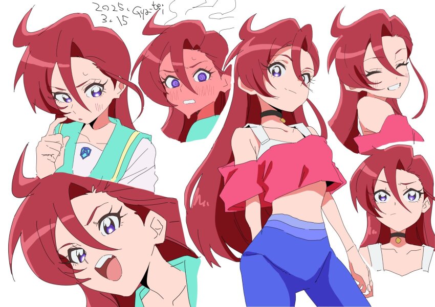 1girl @_@ ahoge artist_name blush choker closed_eyes closed_mouth crop_top dated detached_sleeves embarrassed facing_viewer full-face_blush grin gya-tei hair_between_eyes highres long_hair looking_at_viewer looking_down multiple_expressions multiple_views open_mouth pants precure purple_eyes red_hair simple_background smile standing sweatdrop takizawa_asuka teeth tropical-rouge!_precure upper_teeth_only v-shaped_eyebrows white_background