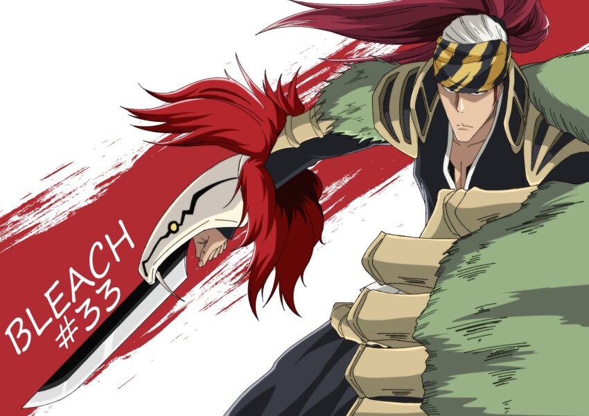 1boy abarai_renji anime_coloring armor bankai black_hakama black_kimono bleach bleach:_sennen_kessen-hen chest_tattoo clenched_hand closed_mouth collarbone commentary_request copyright_name cowboy_shot episode_number fighting_stance hakama highres japanese_clothes kimono long_hair long_sleeves looking_at_viewer male_focus official_artist_extra official_style ponytail red_hair sanpaku serious sha11021997 shihakusho shoulder_armor simple_background solo souou_zabimaru_(bankai) split_mouth sword tattoo weapon white_background zanpakutou