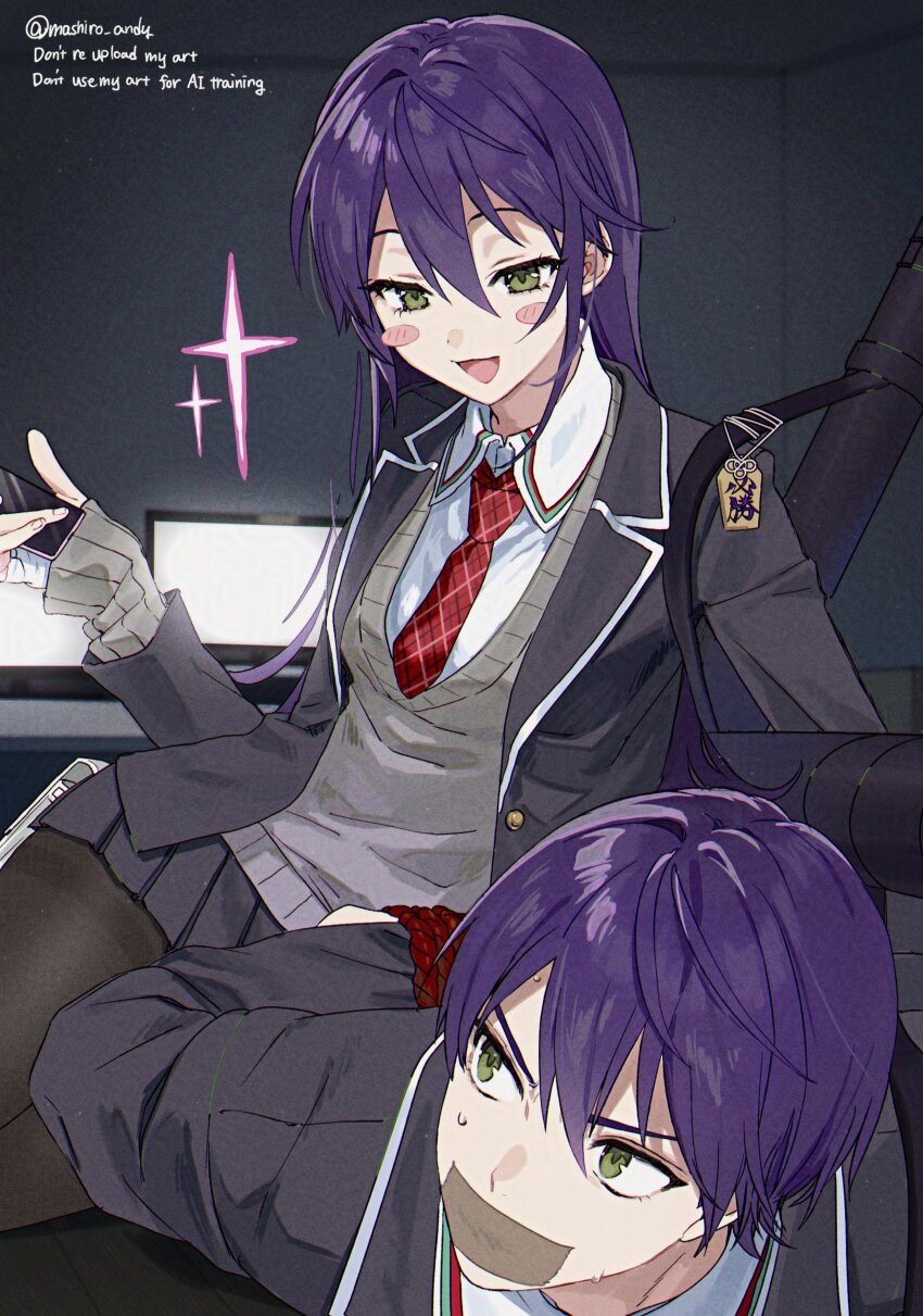 1boy 1girl :3 absurdres arms_behind_back black_jacket black_pantyhose black_skirt blush_stickers collared_shirt furrowed_brow gag genderswap genderswap_(mtf) green_eyes grey_sweater hair_between_eyes highres holding holding_phone improvised_gag jacket kenmochi_touko kenmochi_touya long_hair mashiro_andy necktie nijisanji open_mouth pantyhose phone plaid_clothes plaid_necktie pleated_skirt purple_hair red_necktie restrained school_uniform shirt short_hair skirt sleeves_past_wrists smile sparkle suit_jacket sweatdrop sweater tape tape_gag twitter_username upper_body virtual_youtuber white_shirt