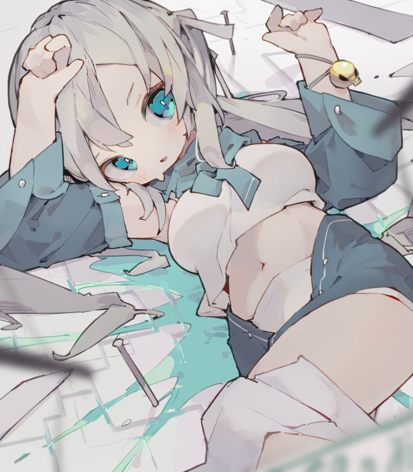 1girl absurdres aqua_eyes aqua_sleeves blush bracelet breasts commentary_request crop_top dated_commentary detached_sleeves grey_hair highres jewelry long_hair lying medium_breasts navel nep_(nep_76) on_side original parted_lips shirt skull_charm sleeveless sleeveless_shirt solo sweat white_shirt