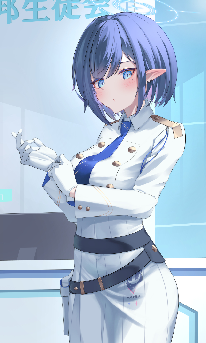 1girl absurdres adjusting_clothes adjusting_gloves aoi_(blue_archive) blue_archive blue_eyes blue_hair blue_necktie blush breasts closed_mouth collared_shirt commentary_request daidai53139 earrings gloves halo highres jewelry looking_at_viewer medium_breasts multicolored_hair necktie pleated_skirt pointy_ears purple_hair shirt skirt solo two-tone_hair white_gloves white_shirt white_skirt
