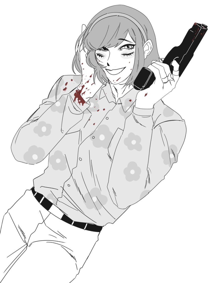 1boy blood blood_on_clothes blood_on_face blood_on_hands coco_199788 cowboy_shot extra_eyes floral_print grin gun hand_in_own_hair handgun highres holding holding_gun holding_weapon jewelry looking_at_viewer luther_von_ivory male_focus multiple_rings randal&#039;s_friends ring shirt shirt_tucked_in short_hair simple_background smile solo spot_color weapon white_background