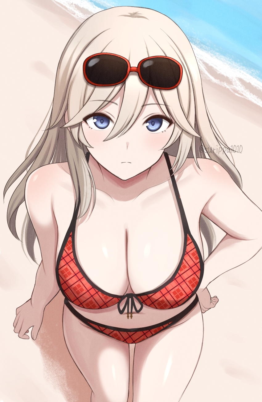 alisa_ilinichina_amiella bare_arms beach bikini blonde_hair blue_eyes blush breasts cleavage closed_mouth collarbone commentary_request eyewear_on_head god_eater hair_between_eyes hand_on_own_hip highres large_breasts long_hair looking_at_viewer navel outdoors red_bikini sidelocks standing sunglasses surippa1010 swimsuit twitter_username