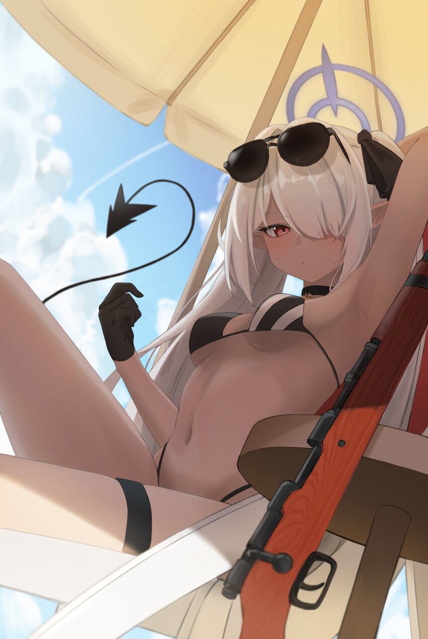 1girl absurdres astra_chichi bikini black_bikini black_gloves black_ribbon black_straps blue_archive breasts dark_skin demon_girl demon_tail eyewear_on_head gloves grey_hair gun hair_between_eyes halo highres iori_(blue_archive) iori_(swimsuit)_(blue_archive) long_hair looking_at_viewer navel pointy_ears red_eyes ribbon rifle small_breasts sniper_rifle solo sunglasses swimsuit tail thigh_strap thighs twintails voltaction weapon