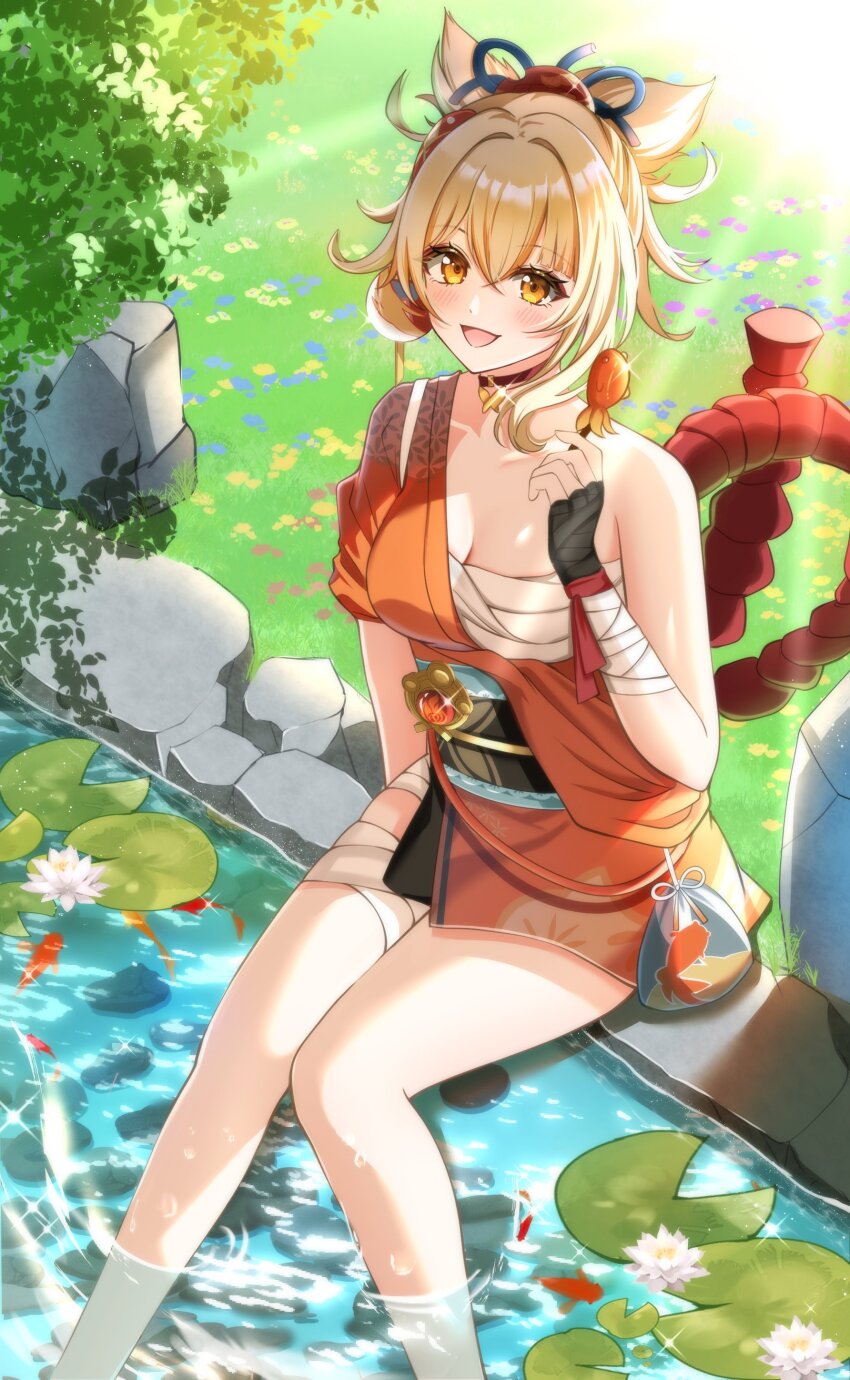 1girl absurdres bandaged_arm bandaged_leg bandages black_choker black_gloves black_sash blonde_hair chest_sarashi choker cocoa_11vv collarbone fingerless_gloves from_above genshin_impact gloves hadanugi_dousa hair_ornament happy_birthday highres japanese_clothes kimono light_rays looking_at_viewer looking_up obi obiage obijime open_kimono open_mouth orange_kimono ponytail rope sarashi sash shimenawa sitting soaking_feet solo vision_(genshin_impact) water yellow_eyes yoimiya_(genshin_impact)