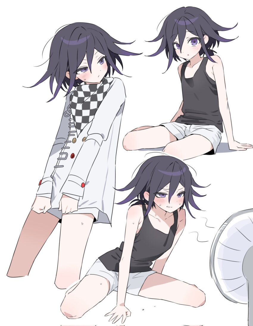 1boy alternate_costume alternate_hairstyle arm_belt arm_between_legs arm_support black_hair black_tank_top blush buttons checkered_clothes checkered_scarf collarbone covering_crotch covering_privates danganronpa_(series) danganronpa_v3:_killing_harmony embarrassed eyelashes flipped_hair hair_between_eyes highres hot kishu11037 legs_apart long_sleeves looking_at_viewer looking_to_the_side low_ponytail male_focus multicolored_buttons multiple_expressions multiple_views oma_kokichi ponytail pulling_own_clothes purple_eyes purple_hair scarf short_shorts shorts shy simple_background sitting smile sweat tank_top thighs trap two-tone_scarf white_background white_shorts